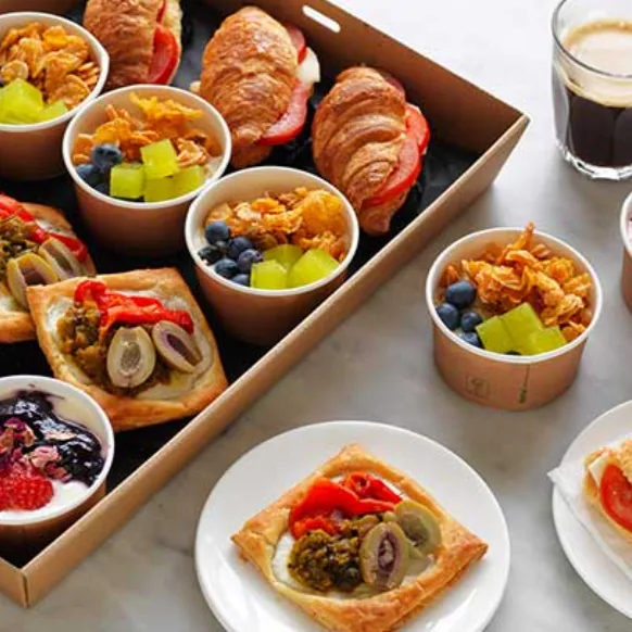 Catering Boxes: individual boxed lunches with sandwiches, tarts and fruit