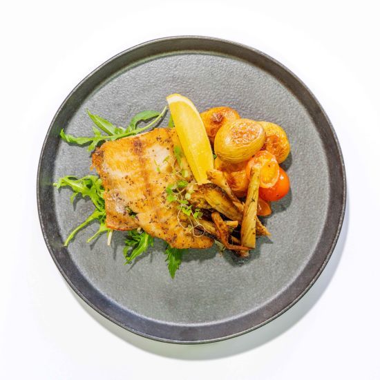 Hot meal: grilled fish with roasted vegetables