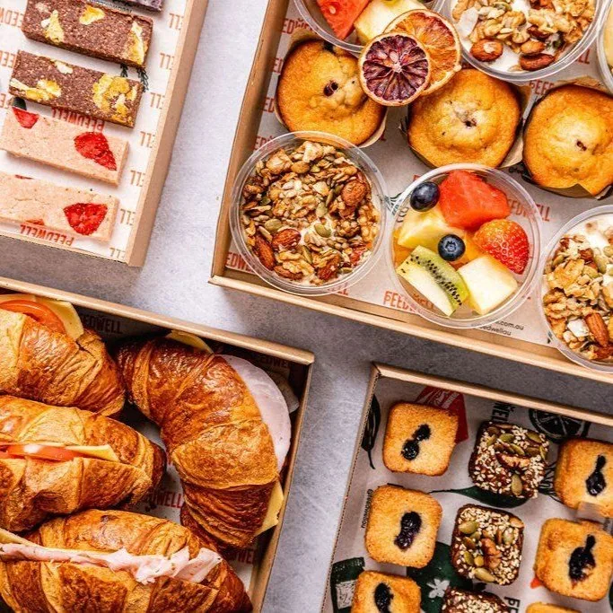 Morning and Afternoon Tea spread: pastries, tarts and fruit cups